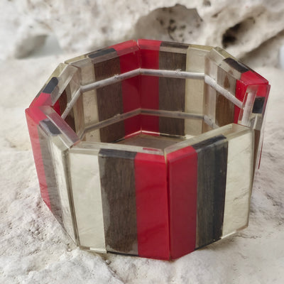 Handgemaakte Elastische Armband – Rood, Zilver & Houtlook