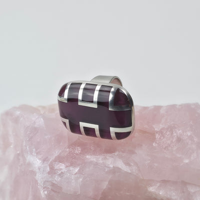 Handgemaakte Ring Paars Resin met Zilverkleurig Raster