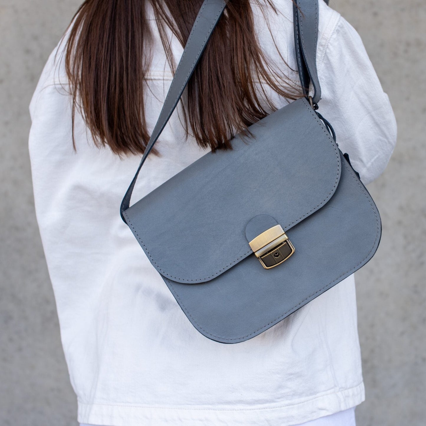 Natural Leather Saddle Bag Large – Grey