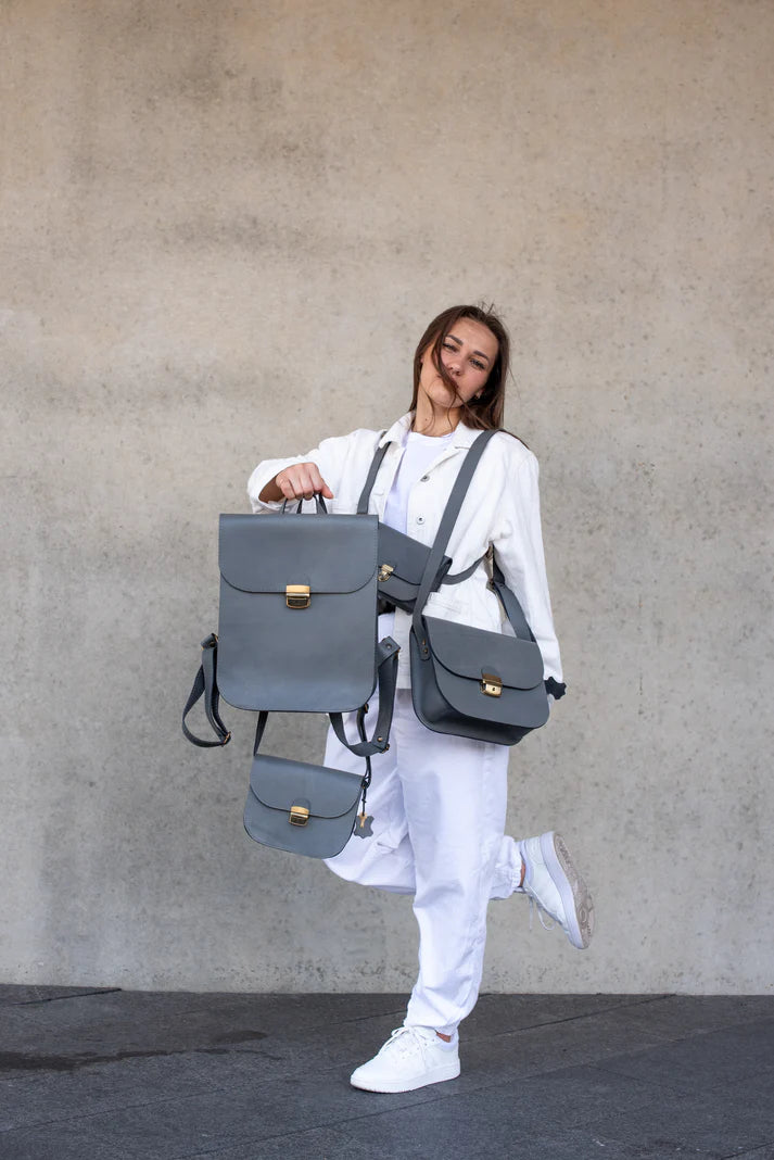 Natural Leather Saddle Backpack - Grey