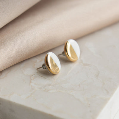 Porcelain Round Stud Earrings - White and Gold