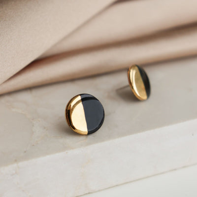 Porcelain Round Stud Earrings - Black and Gold