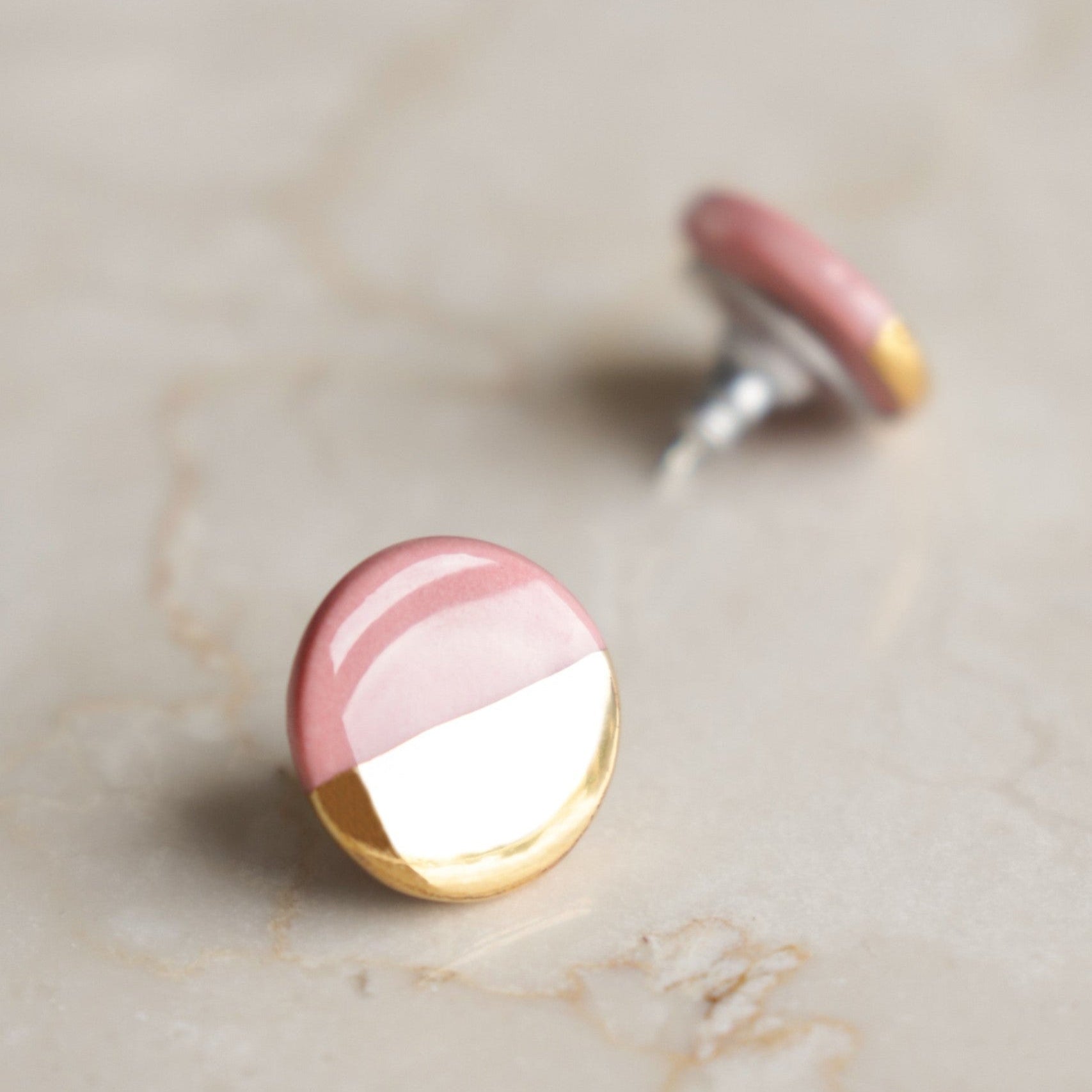 Porcelain Round Stud Earrings - Pink and Gold