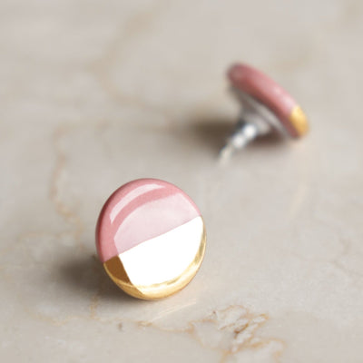 Porcelain Round Stud Earrings - Pink and Gold